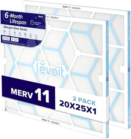 LEVOIT 20x20x1 Air Filter, MERV 11, 6-Month Allergen Defense Pleated 1-Inch Electrostatic AC Furnace Filter, High-Efficiency for Pet, Dust and Smoke, 2 Pack (Actual Size 19.69×19.69×0.79 inches) in Kuwait