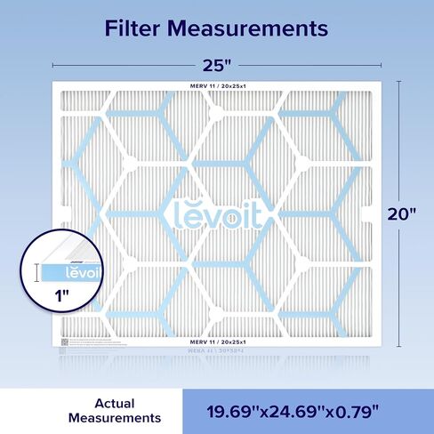 LEVOIT 20x20x1 Air Filter, MERV 11, 6-Month Allergen Defense Pleated 1-Inch Electrostatic AC Furnace Filter, High-Efficiency for Pet, Dust and Smoke, 2 Pack (Actual Size 19.69×19.69×0.79 inches) in Kuwait