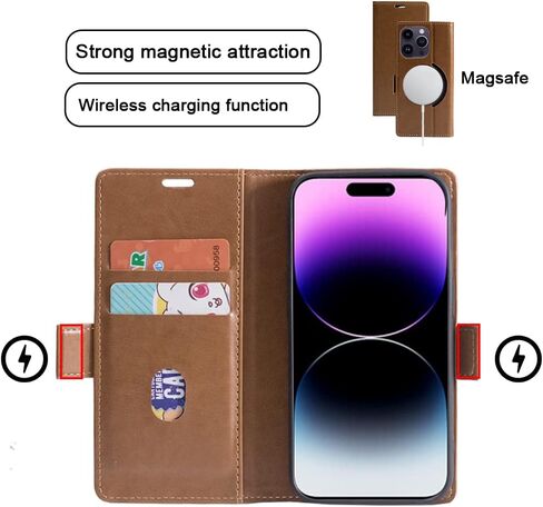 Case for iPhone 14 Pro, PU Leather Wallet with Soft TPU Case for iPhone14 Pro, Shockproof Protective Stand Phone Cover with RFID Blocking Card Cash Slot, Support Magsafe Wireless Charging, Brown in Saudi Arabia