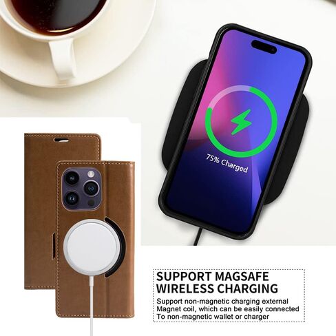 Case for iPhone 14 Pro, PU Leather Wallet with Soft TPU Case for iPhone14 Pro, Shockproof Protective Stand Phone Cover with RFID Blocking Card Cash Slot, Support Magsafe Wireless Charging, Brown in Saudi Arabia