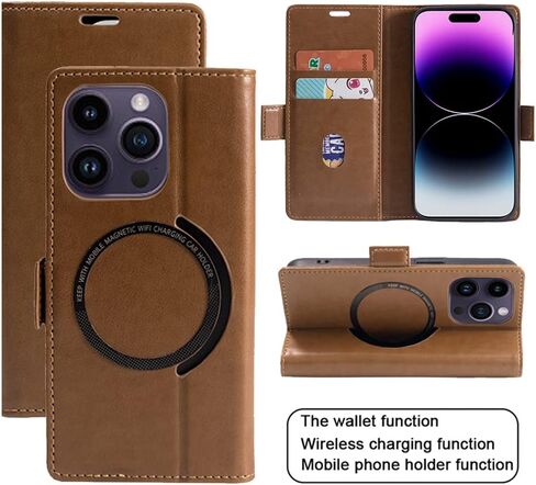 Case for iPhone 14 Pro, PU Leather Wallet with Soft TPU Case for iPhone14 Pro, Shockproof Protective Stand Phone Cover with RFID Blocking Card Cash Slot, Support Magsafe Wireless Charging, Brown in Saudi Arabia