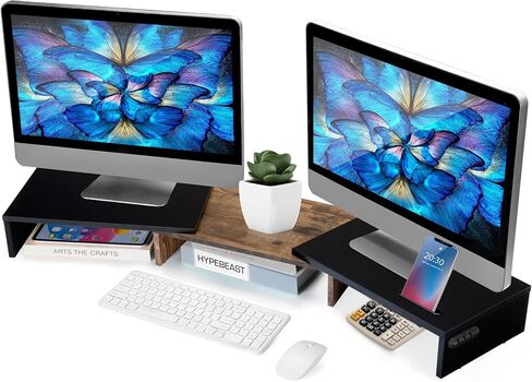 Dual Monitor Stand Riser for 2 Monitors, Monitor Stand for Desk, Adjustable Length & Swivel Angle Wooden Desktop Organizer Stand Riser with Smartphone Holder for PC Monitor Laptop, Black in Saudi Arabia