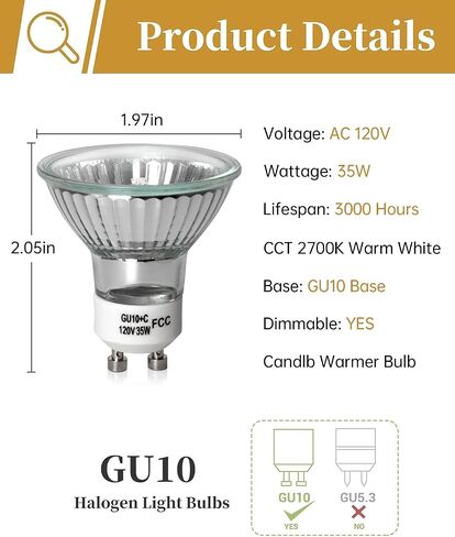 120v 50W GU10 Bulb for Candle Warmer Lamp, 2pcs gu10+c Dimmable 2800K Warm White Halogen Light Bulbs 2 pin, Wax Burner Light Bulb, Full Glass Cover Reflector Track & Recessed Light Bulbs in Kuwait