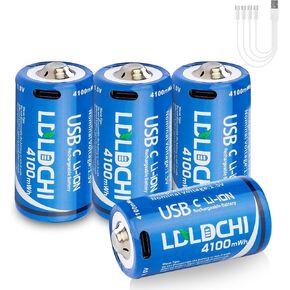 Rechargeable Lithium C Batteries 4 Pack with 4-in-1 Charging Cable - 4100mWh 1.5V Lithium-ion C Cell Rechargeable Batteries, Over 1000 Cycles, for Flashlights, Clocks, Radios