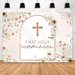 MEHOFOND First Holy Communion Backdrop Watercolor Wildflower God Bless Baptism Photography Background Rose Gold Cross Floral Baptism Christening Party Decorations Newborn Shower Birthday Banner 7x5ft