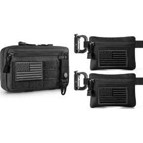 Tactical Molle Admin Pouch with USA Flag Patch and Keychain & 2 Pack Tactical Molle Pouches with 2 x USA Flag Patches and 2 x D-Ring Clips