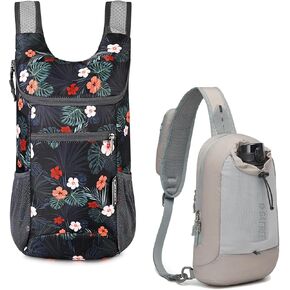 G4Free Small 11 L Foldable Ultralight Backpack Sling Bag RFID Blocking Shoulder Bag for Hiking (Flower+Grey)