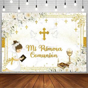 7x5ft Baptism Backdrop for Girl Mi Primera Comunion Christening Party Decorations First Holy Communion God Bless Mi Bautizo Banner Chalice White Flower Photography Background Photo Shoot Props
