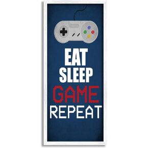 الصناعات Stupell Eating لعبة النوم كرر Pixel Typography Vintage Controller ، صممه كيم ألين وايت جدار الفن ، 10 × 24 ، الأزرق