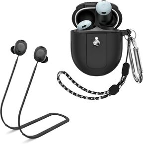 Compatible with Google Pixel Buds Pro 2022 Case Cover, Silicone Shockproof Protective Case with Carabiner, Anti-Lost Strap Sports Lanyard for Pixel Buds Pro, (Black Case+Black Strap)