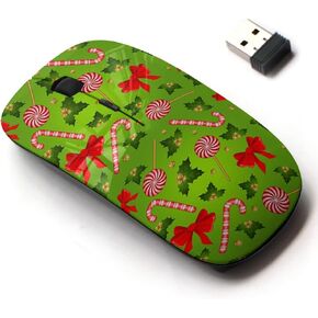 2.4G Wireless Mouse with Cute Pattern Design for All Laptops and Desktops with Nano Receiver - Christmas Candy Cane Decorated Bow