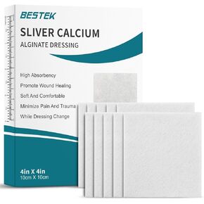 BESTEK AG Silver Calcium Alginate Wound Dressing, 4'' x 4'' (10 Pack) – Highly Absorbent, Non-Stick Gauze Pads for Pressure Ulcers, Bed Sores, Leg Wounds, and Diabetic Ulcers – Dressings for Wound