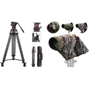 NEEWER LL34 78" Video Camera Tripod One Step Quick Release with Adjustable Damping Fluid Head, Heavy Duty Carbon Fiber Tripod with Dual Mode QR Plate, PB020 Large Waterproof Rain Cover Included