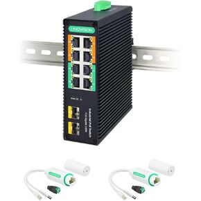 LINOVISION Industrial 8-Port Full Gigabit BT 90W POE Switch and DC12V Waterproof POE Splitter