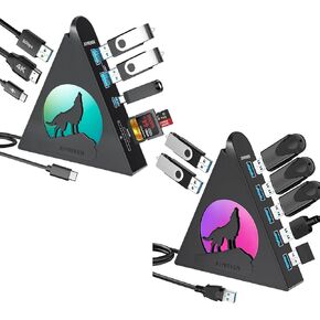 Black Wolf 8-in-1 USB-C Hub & 7-Port USB 3.0 HUB ، Type C Hub مع إضاءة RGB ، 4K HDMI ، PD 100W ، USB A/USB C 3.0 ، SD/TF Slots ، التصميم العمودي لـ MacBook ، IMAC ، PC ، MAC MINI