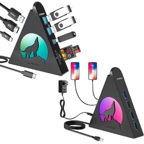 Vertical RGB Wolf USB C HDMI Hub & Powered USB 3.0 Hub, Type C Hub with 4K HDMI, PD 100W, USB A/USB C 3.0, SD/TF Slots, Gaming Accessories for MacBook, iMac, PC, Mac Mini