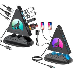 Black Vertical Wolf USB C HDMI HUB & Powered USB 3.0 HUB مع Strand Base ، Type C Hub مع 4K HDMI ، PD 100W ، USB A/USB C 3.0 ، SD/TF فتحات ، إكسسوارات الألعاب لـ MacBook ، IMAC ، PC ، MAC MINI