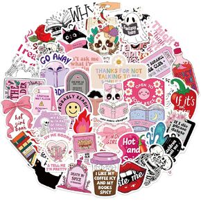 50Pcs Pink Bookish Stickers Pack, Graffiti Smut Stickers for Water Bottles Laptop Kindle Scrapbook Journaling Guitar Computer Phone, Waterproof Vinyl Stickers for Teens, Adults
