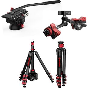 IFOOTAGE Carbon Fiber Tripod Bundle – 59" Travel Tripod with Centre Pole, Komodo K5S Fluid Drag Pan Head, and 11" Adjustable Magic Arm for DSLR Cameras, Camcorders, and Video Accessories