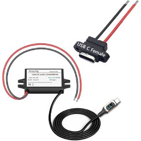 12V to 5V DC Converter Car Power Voltage, DC Step Down Module Power Adapter, USB C Cable with LED Display, Car Power Converter,Waterproof 12v to 5v Step Down Converter(LED 1-Pack 2.1FT)