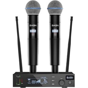 BASN UHF Dual Channel Wireless Microphone System, Handheld Mics for Stage, Karaoke, Weddings, DJ, and Events (White)