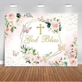 Sensfun God Bless Backdrop for Girl Baptism Party First Holy Communion Confirmation Decorations Pink and Gold Floral Christening Photography Background Photoshoot Banner (7x5ft)