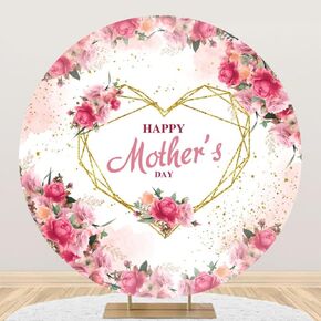 Happy Mothers Day Round Backdrop Cover Pink Floral Gold Diamond Hearts Round Backdrop Cover 7.2ft Mother's Day Party Decorations Circle Backdrop Cover Supplies Photo Studio Props