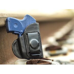 OUTBAGS USA LS4LCPX (Black-Right) Full Grain Heavy Leather IWB Conceal Carry Gun Holster for Ruger LCP 380 with Crimson Trace Laser. Handcrafted in USA.