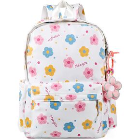 Kawaii Backpack Pink Flower Y2K Aesthetic Cute Small cosmetic bag Large Capacity Multi-Pocket Lightweight Beige with Accessory