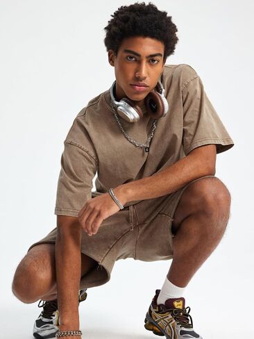 Aelfric Eden Mens Cotton Wash Solid T-Shirts Oversized Unisex Short Sleeve Streetwear Rap Hip Hop Basic Tee Tops in Kuwait