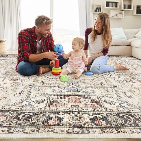 Area Rug 5x7 Big Carpet for Living Room Bedroom Home Decor Washable Oriental Vintage Floral Distressed Rugs Large Indoor Carpets with Non Slip Back for Nursery Dining Room Office Floor -Brown in Saudi Arabia
