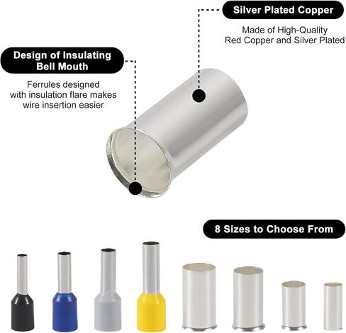 Wire Ferrules Kits Silver Plated Copper Crimp Terminal Connector 8 Sizes AWG (1/0 2/0 2 4 6 8 10 12) Sleeves Insulated Cord Pin End Terminal (166pcs) in Kuwait