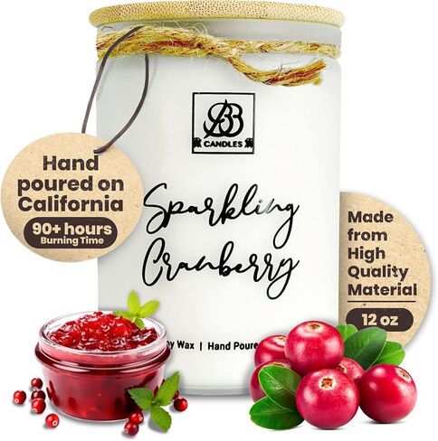 Winter & Fall Collection - Natural Soy Hand Poured Fragrant Candles, Frosted Jars with Bamboo Lid, Ideal for Home Decor & Relaxation, 90+ Hours Burn Time, 12oz (Sparkling Cranberry) in Saudi Arabia
