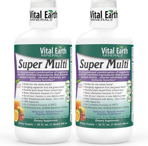 Vital Earth Minerals Super Multi - Liquid Multivitamins for Women, Men, and Kids, Liquid Vitamins & Minerals with Fulvic Acid for Max Absorption, MTHFR Support, 32 Oz (Pack of 2) in Kuwait