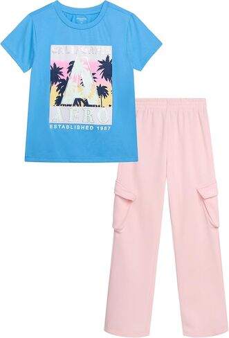 AEROPOSTALE Girls Pants Set - 2 Piece Short Sleeve Graphic Tee Tops and Soft Fleece Cargo Sweatpants Kids Clothing Set (7-16) in Kuwait
