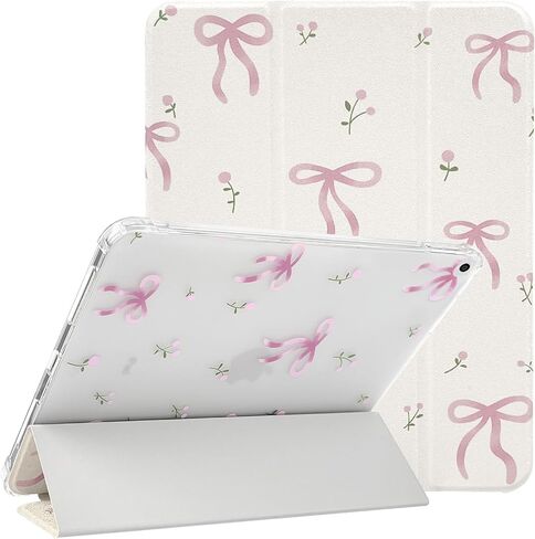 Compatible for iPad 9/8/7 (10.2-Inch,2021/2020/2019 Model,9th/8th/7th Generation) Case with Pencil Holder Cute Bowknot Ribbon with Flower Design Soft TPU Trifold Stand Protective-White&Pink in Kuwait