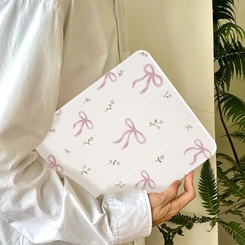 Compatible for iPad 9/8/7 (10.2-Inch,2021/2020/2019 Model,9th/8th/7th Generation) Case with Pencil Holder Cute Bowknot Ribbon with Flower Design Soft TPU Trifold Stand Protective-White&Pink in Kuwait