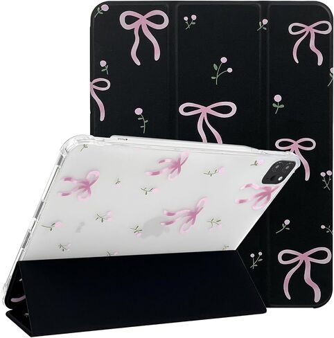 Compatible for iPad 9/8/7 (10.2-Inch,2021/2020/2019 Model,9th/8th/7th Generation) Case with Pencil Holder Cute Bowknot Ribbon with Flower Design Soft TPU Trifold Stand Protective-White&Pink in Kuwait