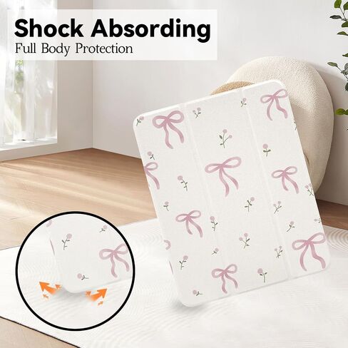 Compatible for iPad 9/8/7 (10.2-Inch,2021/2020/2019 Model,9th/8th/7th Generation) Case with Pencil Holder Cute Bowknot Ribbon with Flower Design Soft TPU Trifold Stand Protective-White&Pink in Kuwait