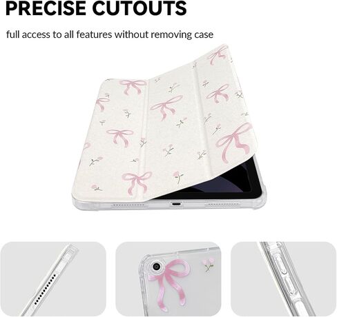 Compatible for iPad 9/8/7 (10.2-Inch,2021/2020/2019 Model,9th/8th/7th Generation) Case with Pencil Holder Cute Bowknot Ribbon with Flower Design Soft TPU Trifold Stand Protective-White&Pink in Kuwait