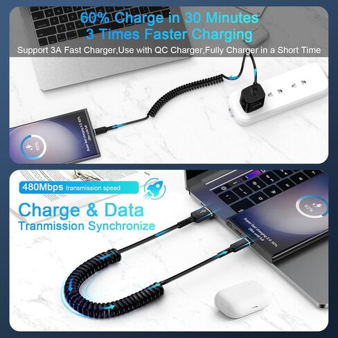 USB C Charger Cable 3FT Fast Charging Cord for iPhone 16e/16 Pro Max/15/15 Pro/Samsung Galaxy S25 Ultra/S24/S23/S22/S21/S20/A16/A15/A54/A55/A56 Retractable USB A to Type C Charger Coiled Cord for Car in Kuwait