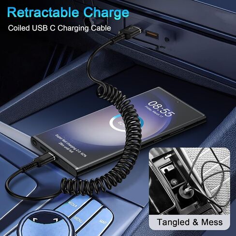 USB C Charger Cable 3FT Fast Charging Cord for iPhone 16e/16 Pro Max/15/15 Pro/Samsung Galaxy S25 Ultra/S24/S23/S22/S21/S20/A16/A15/A54/A55/A56 Retractable USB A to Type C Charger Coiled Cord for Car in Kuwait
