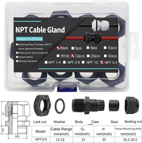 Cable Gland 33 Pack Plastic Waterproof Cable Connector NPT Type Cable Fitting Kit 1/4", 3/8", 1/2", 3/4" Wire Fitting(33PCS White) in Kuwait