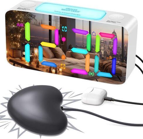 Extra Loud RGB Alarm Clock for Heavy Sleeper Hearing Impaired Deaf Bedroom, Rainbow Vibrating Dual Alarm with Bed Shaker,Large Mirror Screen & 4 Dimmer,7-Color Night Light,USB Charger,Power-Off Memory in Saudi Arabia