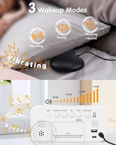 Extra Loud RGB Alarm Clock for Heavy Sleeper Hearing Impaired Deaf Bedroom, Rainbow Vibrating Dual Alarm with Bed Shaker,Large Mirror Screen & 4 Dimmer,7-Color Night Light,USB Charger,Power-Off Memory in Saudi Arabia
