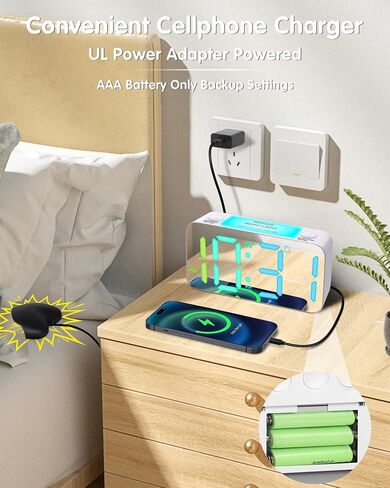 Extra Loud RGB Alarm Clock for Heavy Sleeper Hearing Impaired Deaf Bedroom, Rainbow Vibrating Dual Alarm with Bed Shaker,Large Mirror Screen & 4 Dimmer,7-Color Night Light,USB Charger,Power-Off Memory in Saudi Arabia