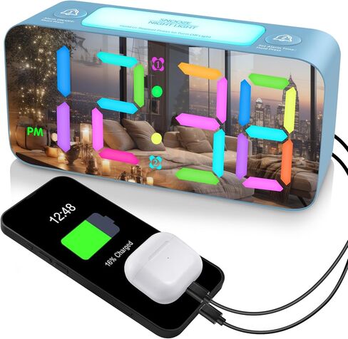 Extra Loud RGB Alarm Clock for Heavy Sleeper Hearing Impaired Deaf Bedroom, Rainbow Vibrating Dual Alarm with Bed Shaker,Large Mirror Screen & 4 Dimmer,7-Color Night Light,USB Charger,Power-Off Memory in Saudi Arabia