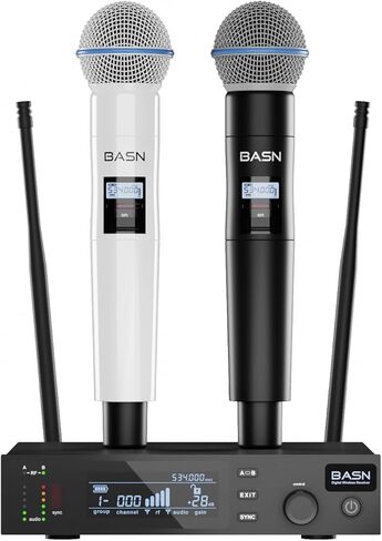 BASN UHF Dual Channel نظام الميكروفون اللاسلكي ، ميكروفونات محمولة للمرحلة ، الكاريوكي ، حفلات الزفاف ، دي جي ، والأحداث (أبيض) in Kuwait