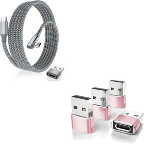 Elebase 4 Pack USB to USB C Adapter and Right-Angled USB Type C to C 100W Cable 10FT with USB A Adapter for Apple Watch Ultra iWatch 7 8 SE,iPhone 12 13 14 15 Pro Max Plus,Airpods