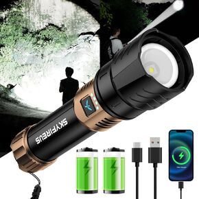 SKYFIRE LED Flashlight High Lumens,Super Bright Rechargeable Flashlight 8000mAh,Zoomable,Four Modes,Waterproof Flash Light for Camping Essentials,Outdoor and Home Emergencies-Gold&Black
